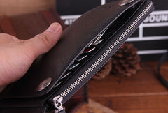 Genuine Leather Mens Cool Biker Chain Wallet Long Leather Wallet Slim Clutch Wristlet Wallet for Men