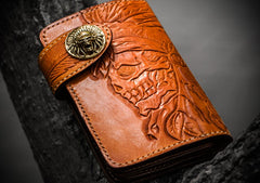 Handmade Leather Tooled Skull Indian Chief Biker Wallet Mens Cool billfold Chain Wallet Trucker Wallet with Chain