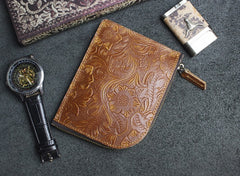 Handmade Leather Floral Mens Front Pocket Wallet Cool Slim Leather Wallet Men billfold Wallets Bifold for Men