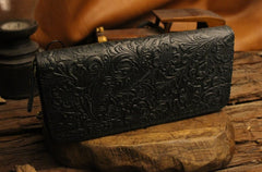 Handmade Leather Floral Floral Mens Cool Zipper Phone Travel Long Wallet Card Holder Card Slim Clutch Wallets for Men
