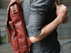 Red Brown Leather Mens Backpack Travel Backpacks Laptop Backpack for men - iwalletsmen