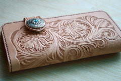 Handmade Mens Tooled Floral Beige Leather Long Biker Wallet Cool Long Chain Wallet for Men - iwalletsmen