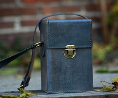 Handmade Gray Leather Mens Small Box Bag Shoulder Bag Messenger Bag for Men - iwalletsmen