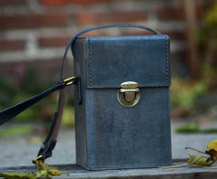 Handmade Gray Leather Mens Small Box Bag Shoulder Bag Messenger Bag for Men - iwalletsmen