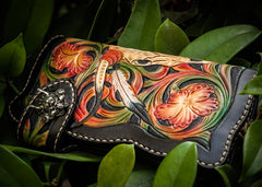 Handmade Leather Black Mens Tooled Skull Chain Biker Wallet Cool Leather Wallet Long Clutch Wallets for Men
