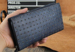 Genuine Leather Mens Cool Long Leather Wallet Zipper Clutch Wristlet Wallet for Men