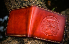 Handmade Leather Chinese Lion Tooled Mens billfold Wallet Cool Leather Wallet Slim Wallet for Men
