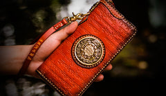 Handmade Leather Tibetan Mens Chain Biker Wallet Cool Leather Wallet Long Clutch Wallets for Men