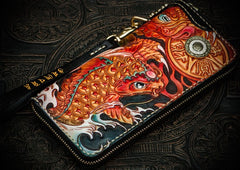 Handmade Leather Tooled Carp Mens Chain Biker Wallet Cool Leather Wallet Long Phone Wallets for Men