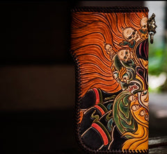 Handmade Leather Tooled Mahākāla Mens Chain Biker Wallet Cool Leather Wallet Long Clutch Wallets for Men