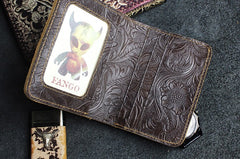 Handmade Leather Floral Mens Cool Slim Leather Wallet Men billfold Wallets Bifold for Men