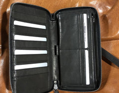 Genuine Leather Mens Cool Long Leather Wallet Biker Wallet Zipper Clutch Wristlet Wallet for Men