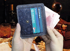 Handmade Leather Floral Mens Cool Front Pocket Wallet billfold Wallet Card Holder Small Card Slim Wallets for Men