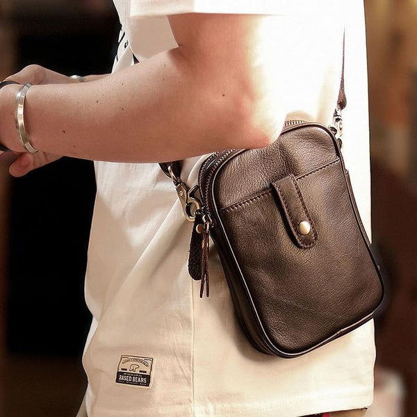 Dark Brown Vintage Leather Mens Small Messenger Bag Waist Bag Black Belt Pouch Bag For Men - iwalletsmen