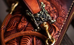Handmade Leather Tooled Ganesh Mens Chain Biker Wallet Cool Leather Wallet Zipper Long Phone Wallets for Men