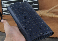 Genuine Leather Mens Cool Long Leather Wallet Zipper Clutch Wristlet Wallet for Men