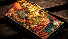 Handmade Leather Tooled Yellow Jambhala Mens Chain Biker Wallet Cool Leather Wallet Zipper Long Phone Wallets for Men