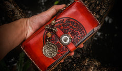 Handmade Leather Tibetan Mens Chain Biker Wallet Cool Leather Wallet Long Clutch Wallets for Men