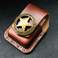 Coffee Handmade Leather Mens Cross Zippo Lighter Holders Lighter Case For Men - iwalletsmen