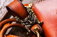 Handmade Leather Tibetan Tooled Mens billfold Wallet Cool Chain Wallet Biker Wallet for Men