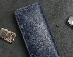 Handmade Leather Floral Mens Cool Travel Long Wallet Card Holder Card Slim Clutch Wallets for Men