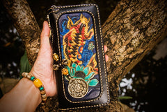 Handmade Leather Carp Mens Chain Biker Wallet Cool Leather Wallet Long Phone Wallets for Men