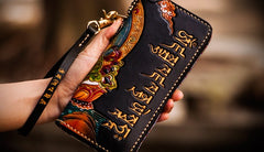 Handmade Leather Tooled Yellow Jambhala Mens Chain Biker Wallet Cool Leather Wallet Zipper Long Phone Wallets for Men