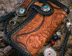 Handmade Mens Cool Tooled Floral Leather Chain Wallet Biker Trucker Wallet with Chain - iwalletsmen