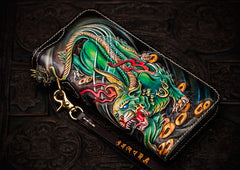 Handmade Leather Chinese Monster Mens Chain Biker Wallet Cool Leather Wallet With Chain Wallets for Men