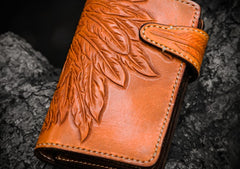 Handmade Leather Tooled Skull Indian Chief Biker Wallet Mens Cool billfold Chain Wallet Trucker Wallet with Chain