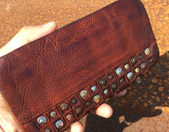 Handmade Genuine Rock Punk Leather Mens Cool Long Wallet Wristlet Bifold Clutch Wallet for Men