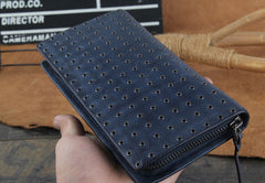 Genuine Leather Mens Cool Long Leather Wallet Zipper Clutch Wristlet Wallet for Men