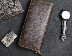 Handmade Leather Floral Mens Cool Travel Long Wallet Card Holder Card Slim Clutch Wallets for Men