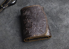 Handmade Leather Floral Mens Trifold Cool billfold Wallet Card Holder Small Card Slim Wallets for Men
