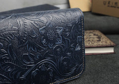 Handmade Leather Floral Mens Cool Travel Long Wallet Card Holder Card Slim Clutch Wallets for Men