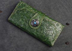 Handmade Leather Floral Mens Cool Travel Long Wallet Card Holder Card Slim Clutch Wallets for Men