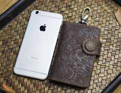 Handmade Leather Floral Mens Cool Key Wallet Wallet Card Holder Small Card Keychain Wallets for Men