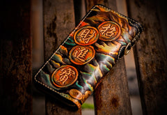 Handmade Leather Mens Tooled Monster Chain Biker Wallet Cool Leather Wallet Long Clutch Wallets for Men