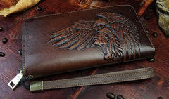 Handmade Leather Mens Tooled Indian Cool Zipper Phone Travel Long Wallet Card Holder Card Slim Clutch Wallets for Men