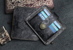 Handmade Leather Floral Mens Cool Front Pocket Wallet billfold Wallet Card Holder Small Card Slim Wallets for Men