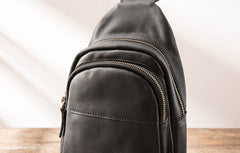Leather Mens Black Sling Bag Sling Shoulder Bag Sling Backpack for men - iwalletsmen