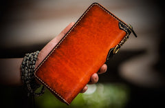 Handmade Leather Mens Chain Biker Wallet Cool Leather Wallet Long Clutch Wallets for Men