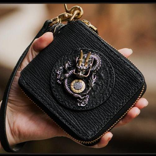 Handmade Leather Tooled Mens Chinese Dragon Wallet Cool Chain Wallet Biker Wallet for Men