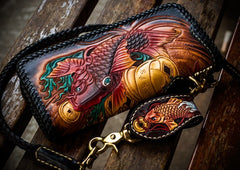 Handmade Leather Tooled Carp Mens Chain Biker Wallet Cool Leather Wallet Long Phone Wallets for Men
