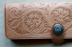 Handmade Mens Tooled Floral Beige Leather Long Biker Wallet Cool Long Chain Wallet for Men - iwalletsmen
