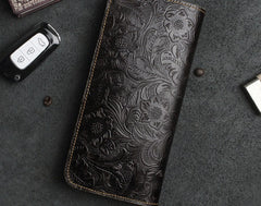 Handmade Leather Floral Mens Cool Travel Long Wallet Card Holder Card Slim Clutch Wallets for Men