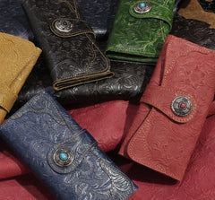 Handmade Leather Floral Mens Cool Travel Long Wallet Card Holder Card Slim Clutch Wallets for Men