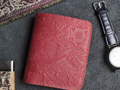 Handmade Leather Floral Mens Cool Slim Leather Wallet Men billfold Wallets Bifold for Men