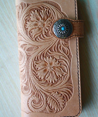 Handmade Mens Tooled Floral Beige Leather Long Biker Wallet Cool Long Chain Wallet for Men - iwalletsmen
