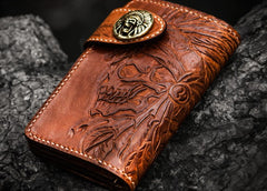 Handmade Leather Tooled Skull Indian Chief Biker Wallet Mens Cool billfold Chain Wallet Trucker Wallet with Chain